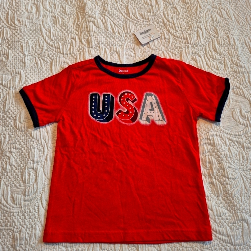 Gymboree boys size 4T red USA short sleeve shirt red with blue trim NWT